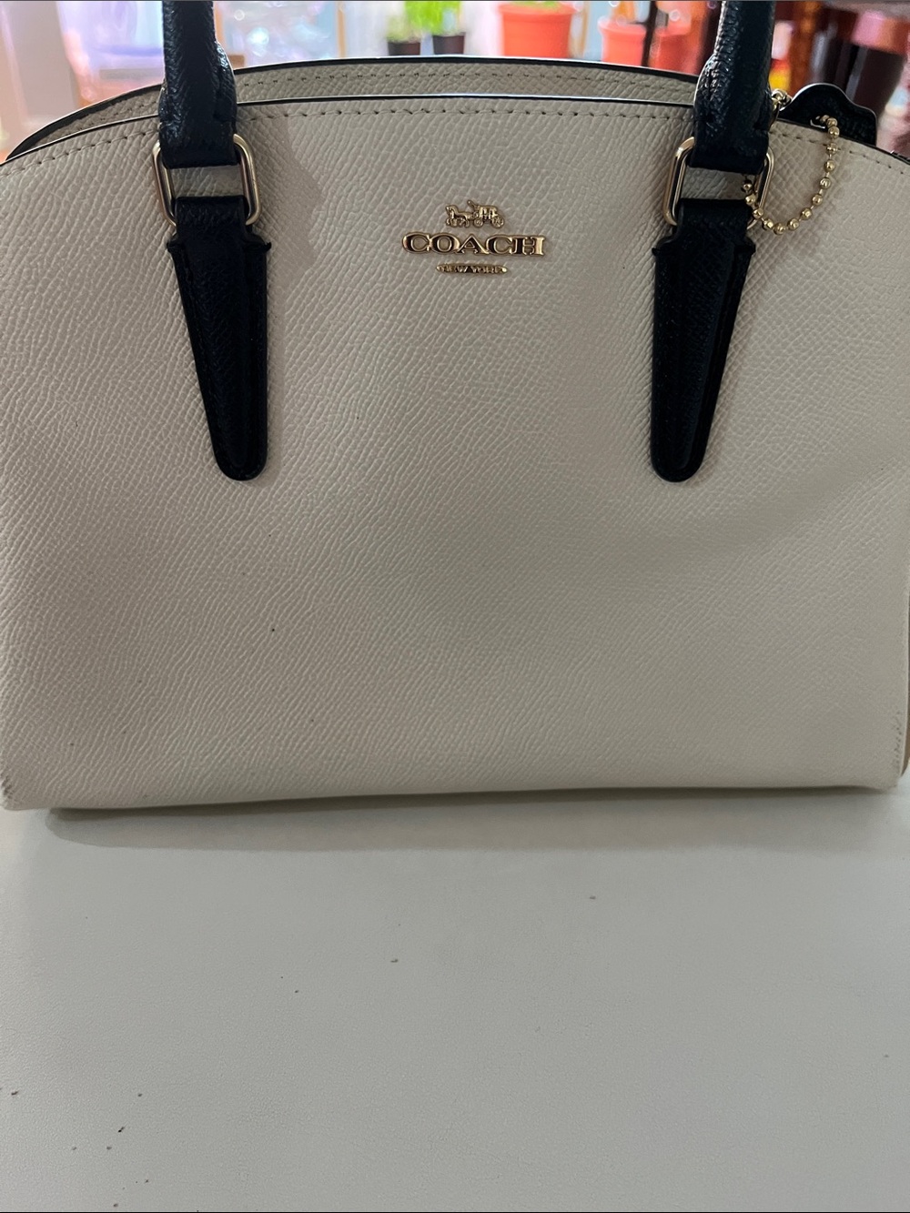 Coach Cream and Black Leather Satchel with Gold Hardware